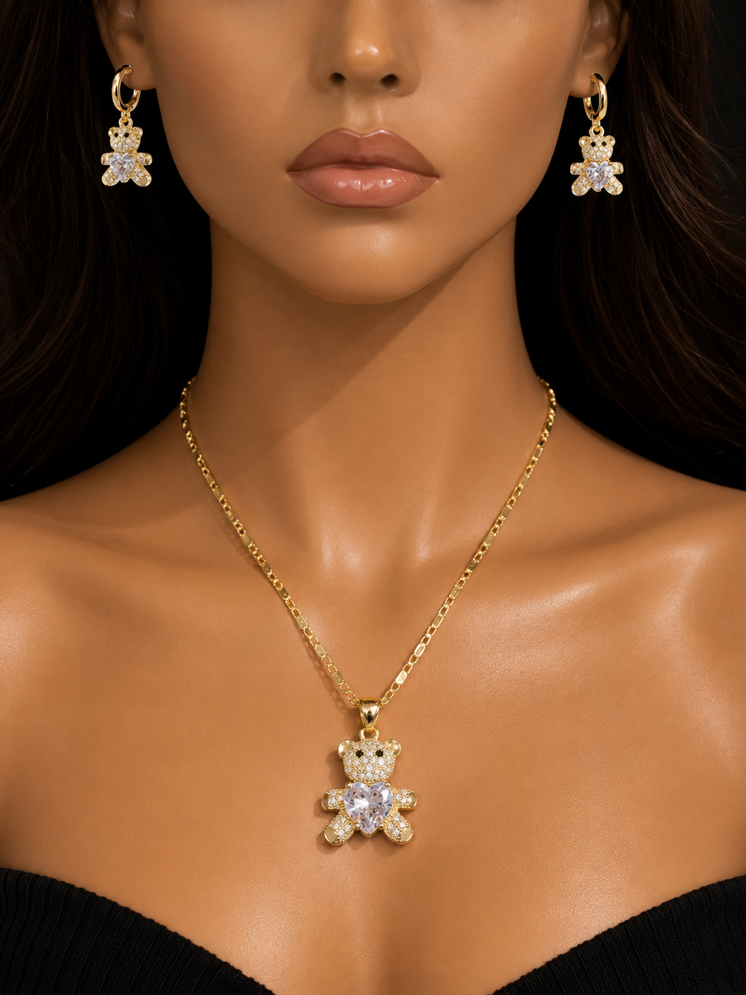 Gold Filled Teddy Bear Necklace & Earrings Set with Heart Stone