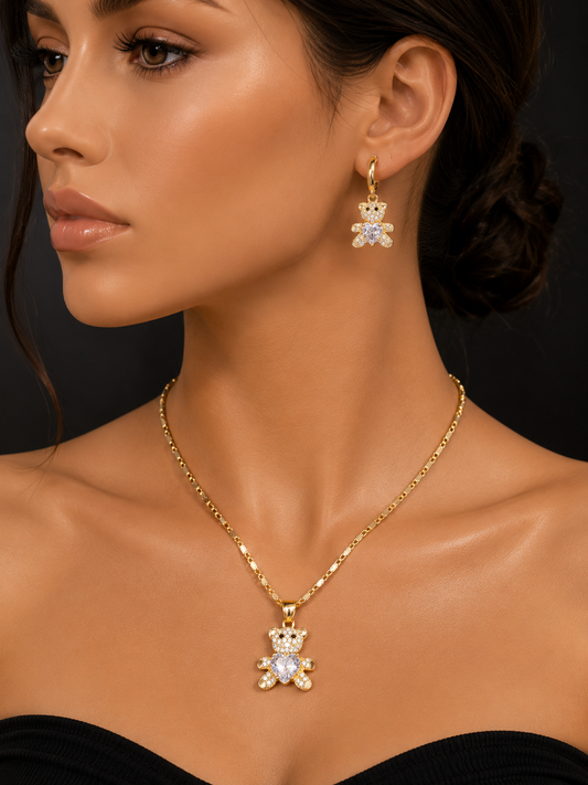 Gold Filled Teddy Bear Necklace & Earrings Set with Heart Stone