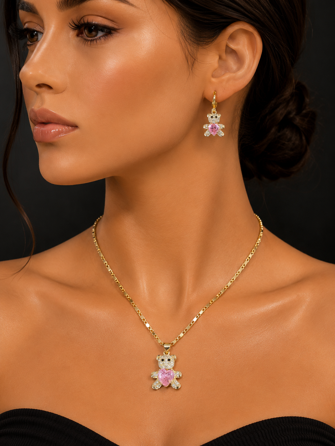 Gold Filled Teddy Bear Necklace & Earrings Set with Heart Stone